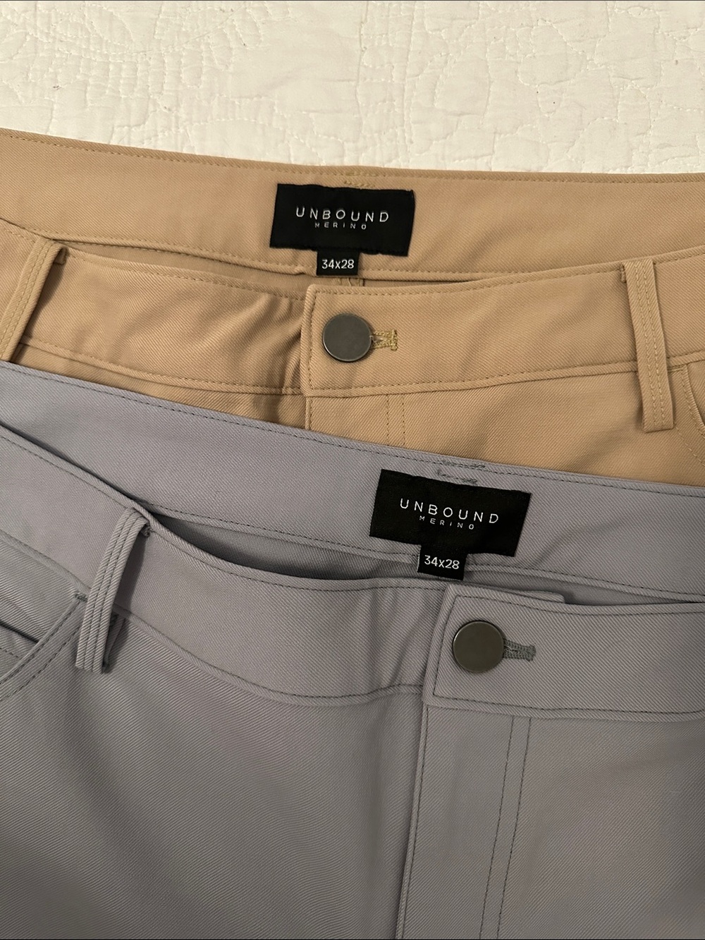 Unbound Merino Women’s Travel Pants 34x28 Gray & Tan NWOT 2 Pair